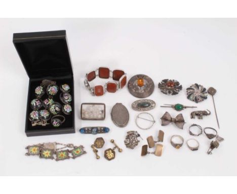 Group of silver and white metal jewellery including an enamelled bracelet, brooch and ring set, two Scottish brooches, variou
