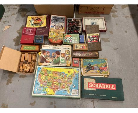 Two large boxes of vintage toys including Tucks picture puzzles, Cocubs game, card games, chess, dominoes, lead soldiers , wo