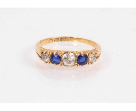 Victorian 18ct gold sapphire and diamond five stone ring with three old cut diamonds interspaced with two blue sapphires in c