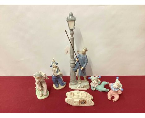 Lladro lamplighter, 47cm high together with four Nao figures and a Carlton China tank ornament