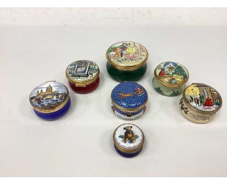 Thirteen enamel and porcelain trinket boxes, various manufacturers including Halcyon Days, Del Prado and Aynsley