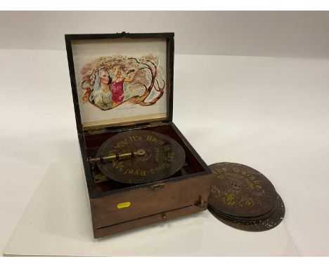 Late 19th century Polyphon with key wind movement and six discs, in walnut case.The polyphon does play music. The mechanism p