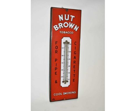 Nut Brown Tobacco enamel sign with thermometer on a red ground - 'For pipe &amp; cigarette - cool smoking', 57.5cm x 19cm