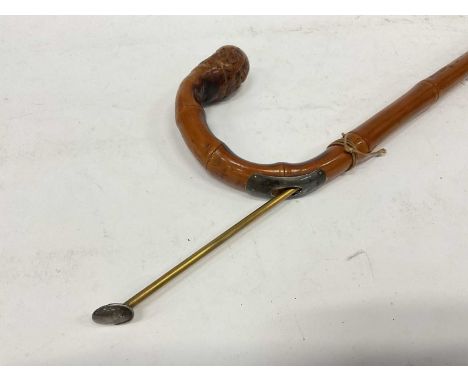 Edwardian silver mounted horse measuring walking stick, bent bamboo shaft with concealed rising hinging measure, 97cm long