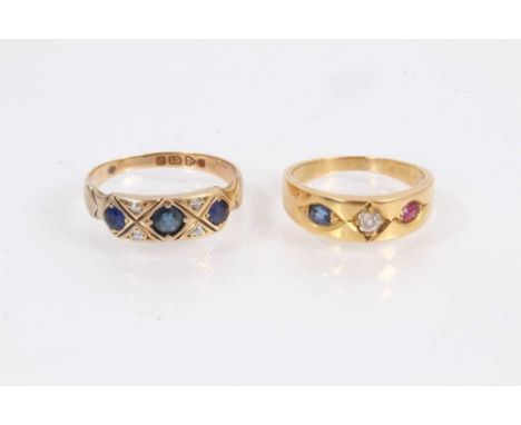 Edwardian 18ct gold sapphire and diamond ring (Chester 1903), size O½, together with a yellow metal sapphire, diamond and rub