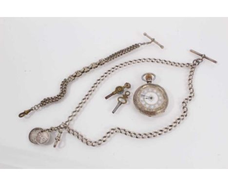 Victorian silver fob watch with floral, silver and white enamel dial, Arabic numerals in a silver foliate engraved case, (Lon