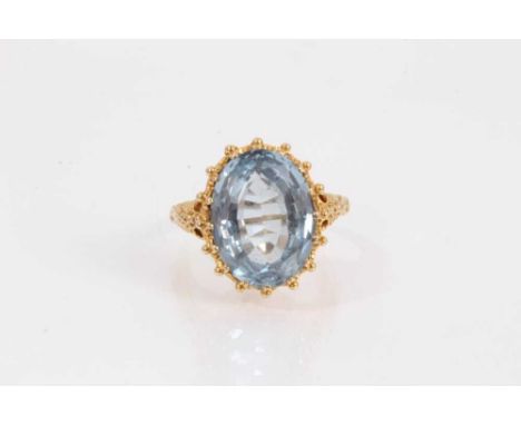 Victorian style 9ct gold blue stone cocktail ring in ornate carved setting (London 1972), size OWeight 7.6 grams 