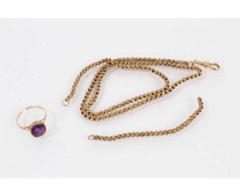 9ct gold amethyst ring, size U and a yellow metal guard chain with an extra piece of chain 9ct gold ring weighs 2.5 grams Yel