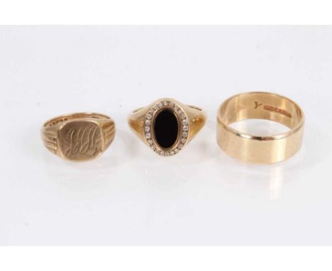 9ct gold wide band wedding ring, size X, 9ct gold signet ring with engraved initials, size O and one other 9ct gold oval blac