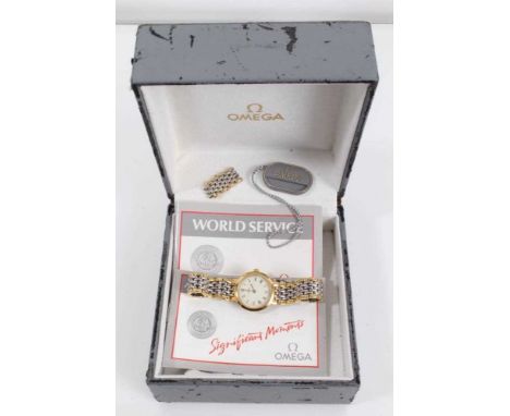 Omega De Ville stainless steel bi-metal wristwatch, case numbered 53062377 and measures 22mm diameter, boxed with booklets an