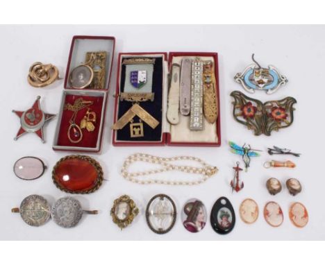 Group of antique and later brooches including a silver and enamel crest, various cameos, enamelled buckle, silver fruit knive