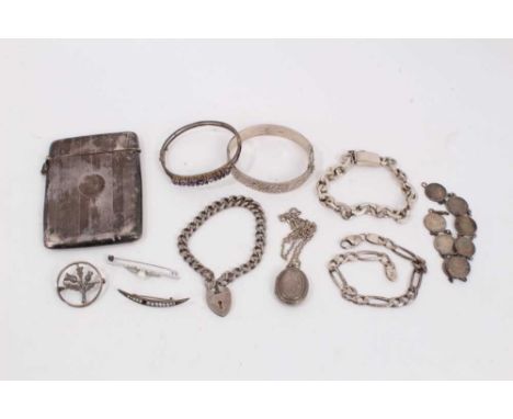 Vintage silver jewellery to include amethyst and seed pearl hinged bangle, bracelets, brooches, locket, cigarette case etc