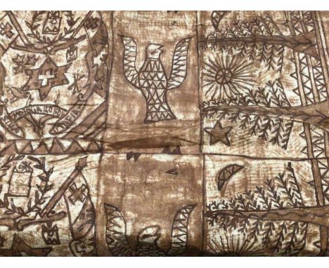 Tongan Tapa cloth wall hanging 3.6 x 1.9m approximately. Handpainted with flora and forna, possible signed by artist.