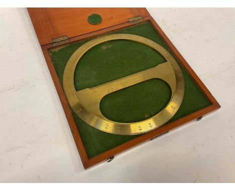 Large brass circular protractor, in mahogany case with plaque for Pawson &amp; Brailsford, Sheffield, 24cm wide