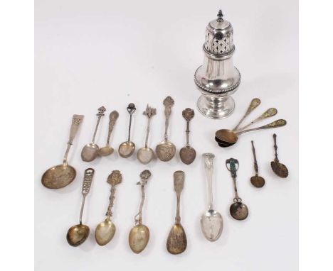 Group of silver and white metal spoons including an Art Nouveau silver and enamel spoon, souvenir spoons and a Chinese spoon,