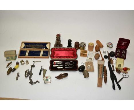 Collection of silver, ceramic and other thimbles and other sewing accessories, including Mauchlineware, treen, etc