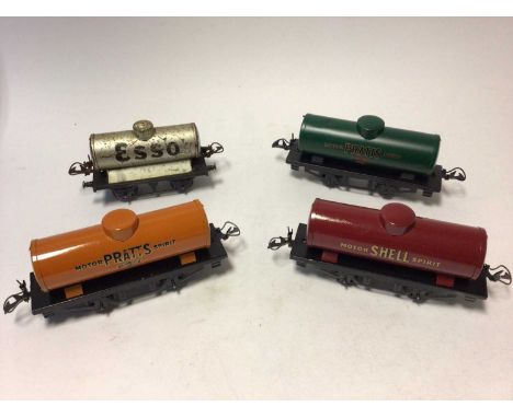 Railway O gauge tin plate Pratts (x2), Esso and Shell tank wagons, LMS fish van &amp; wagon, two tenders, locomotive (coachwo