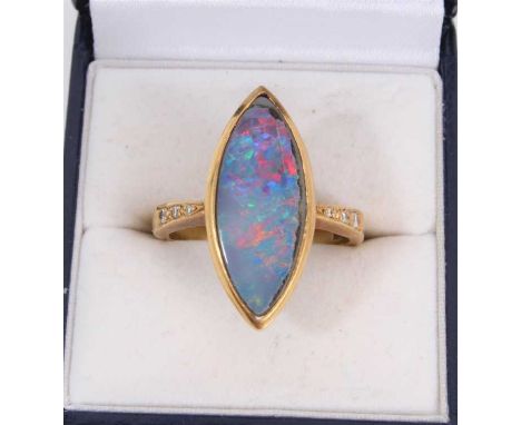 18ct gold opal doublet cocktail ring with diamond set shoulders, size VWeight 9.3 grams