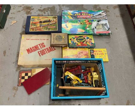 Vintage Brimtoy model railway in box and diecast Dinky models and other games and puzzles.