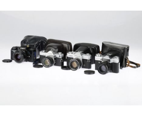 A Mixed Group of 35mm SLR Cameras comprising a Canon Pellix camera with a FL f/1.4 50mm lens, shutter not working, a Minolta 