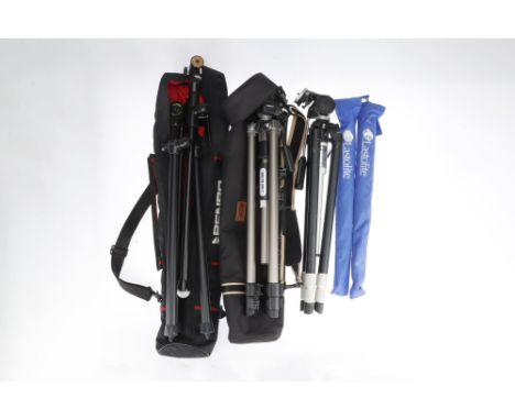 A Group of Professional Tripods comprising a Benbo Trekker tripod with Benbo ball head and carrying case, a Slik heavy-duty t