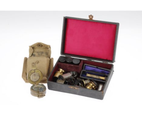 Small Collection of Microscope Lenses, Small collection of microscope lenses, eyepieces and adapters in a leather case with a