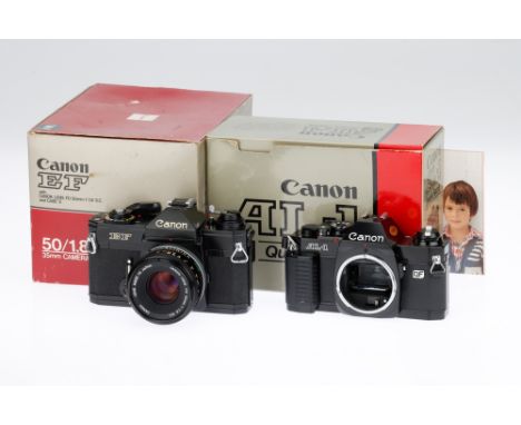 A Canon EF and a Canon AL-1 QF 35mm SLR Cameras black, 1973-78, serial no.232802, with a FD f/1.8 S.C.50mm lens, serial no.16