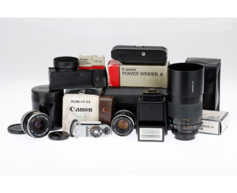 A Group of Canon SLR Accessories most with boxes; comprising a Canon FL f/1.8 50mm lens, a Canon FL f/3.5 28mm lens, both wit