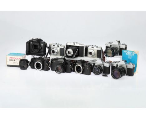 A Tray of Praktica 35mm SLR and Other Cameras comprising three Praktica MTL 3 cameras with lenses, all shutters working, a Pe
