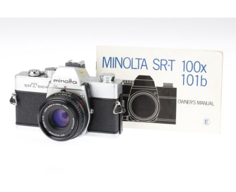 A Minolta SRT 100X 35mm SLR Camera, with Minolta MD Rokkor f/2 45mm lens, body, VG, shutter fires but mirror sticks up, lens,