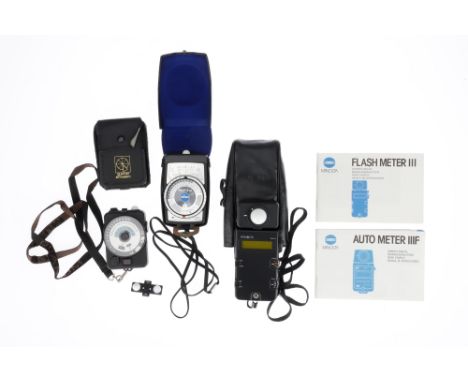 A Selection of Light Meters, including Minolta Flash Meter III, Gossen Profisix and Quantum Calcu-Flash-II, all in maker's ca