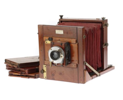 An Underwood Instanto Half Plate Tailboard Camera circa 1890, double extension, maroon square-cornered bellows, body G, maker