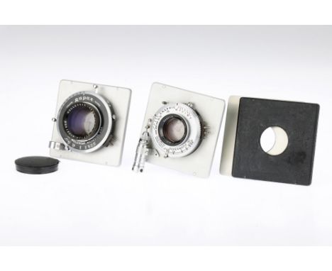 Two Lenses in Speed Graphic Boards, to include a Wollensak f/4.5 162mm Raptar lens, body G-VG, shutter working, optics F-G, s