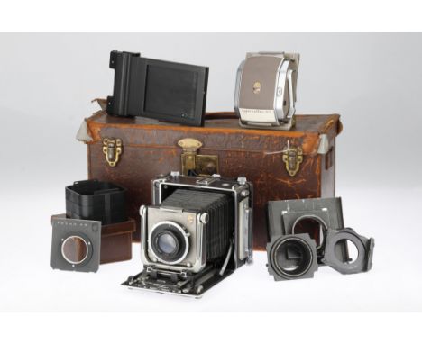 A Linhof Technika 5x4 Large Format Camera, black, serial no. 62619, with Wray London H.R. Lustrar f/5.6 8" lens, body, F, len