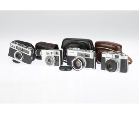 A Mixed Group of 35mm Cameras comprising a Minolta 7s rangefinder camera, shutter working, a Zeiss Ikon Contina II viewfinder