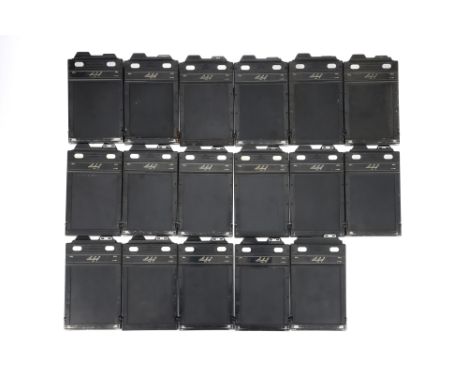 A Selection of 17 Linhof 4x5 DDS film holders, black, all well used, some tabs are unstuck from dark slides in a minority of 