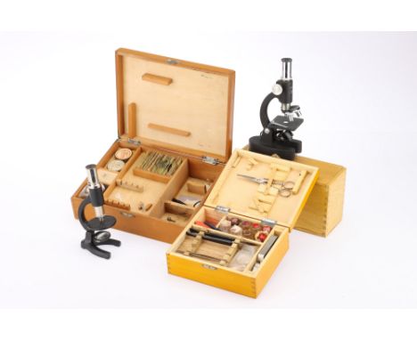 Two Simple Student's Microscopes, in cases with accessories, together with a third case, containing preparation tools &amp; c
