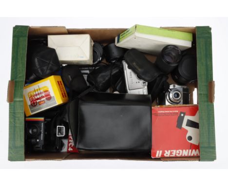 A Mixed Selection of Cameras and Lenses comprising a Pentax Optio M30 compact digital camera, a Ferrania Tanit roll film came