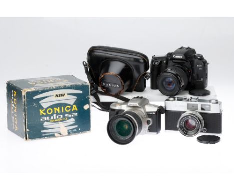 A Konica Auto S2 Rangefinder Camera and Two SLR Cameras comprising a Konica Auto S2 camera with a Hexanon f/1.8 45mm lens, sh