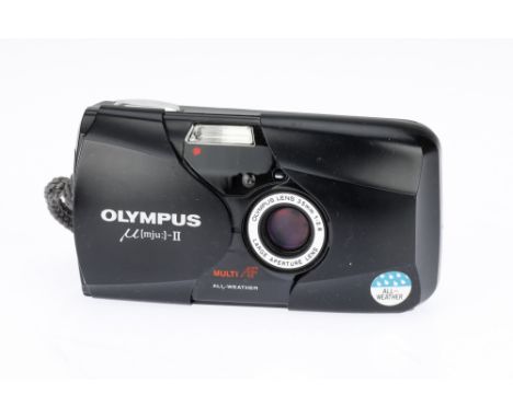 An Olympus mju-II 35mm Compact Camera black, 1996, serial no.5811249, with an Olympus f/2.8 35mm lens, powers up, flash fires