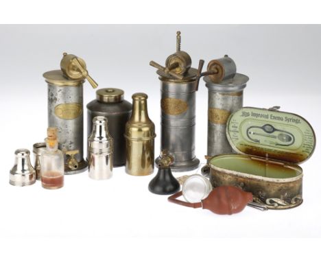 Collection of Medical Metalwear, including 3 19th century French pewter &amp; brass enema pumps, 3 metal bottle containers 2 