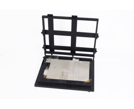 An RRB Photon Beard 4 Blade Darkroom Easel, black, in well-used but G condition, with home-made baffles for paper alignment, 