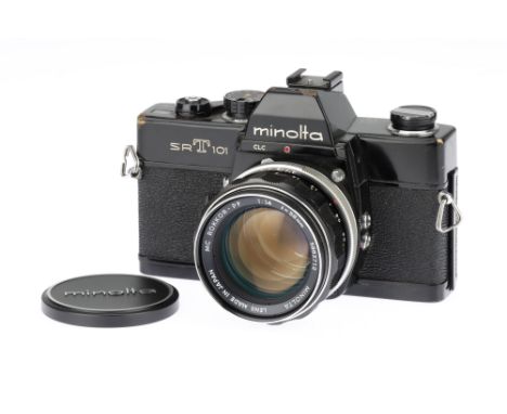 A Minolta SRT101 35mm SLR Camera, black, with Minolta MC Rokkor-PF f/1.4 58mm lens, body, F, shutter not working, lens, F, so