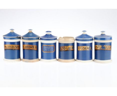 A Collection of Medium Ceramic Apothecary Chemist Jars, Comprising of 6 jars with pained labels, one missing a lid, most with