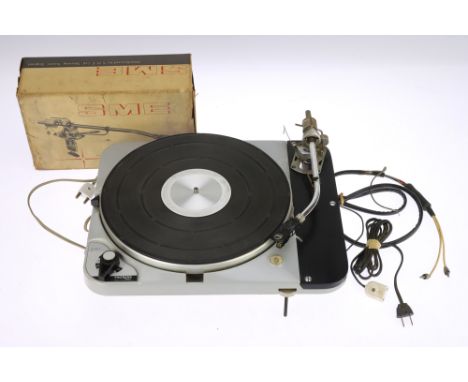 A Thorens TD 124 / 11 Phono Record Player Turn Table, grey, body VG-E, some light areas of wear, with SME tonearm (missing we