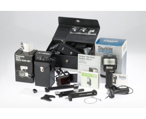 A Tray of Electronic Flash Equipment including a boxed Starblitz Pro-5000GTZ Twin fashgun, a boxed DOI Auto Circle Flash Unit