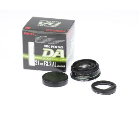 A Pentax DA AL Limited f/3.2 21mm Lens, black, serial no. 0004359, body, E, elements, VG-E, some very very light internal haz