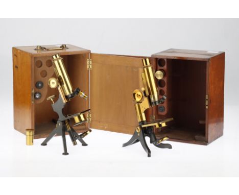 2 Lacquered Brass Compound Microscopes, including a microscope engraved 'C. Baker 244 High Holborn, London. 5705' to the rear