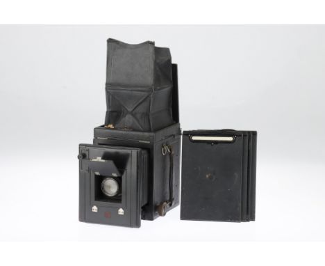 A Thronton Pickard Ruby Reflex Large Format SLR Camera, black, body G-VG, shutter curtains present, mirror will not lower, wi