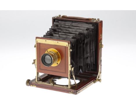 A W. Whiteley The Baron Quarter Plate Mahogany &amp; Brass Field Camera, body G, bellows VG, ground glass G, together with an